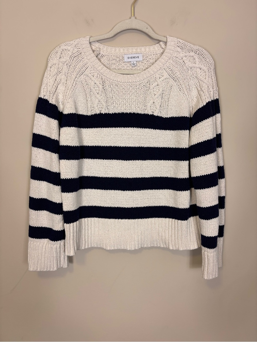 Evereve Cream & Navy Striped Cotton Cable Crew Pullover Sweater Large